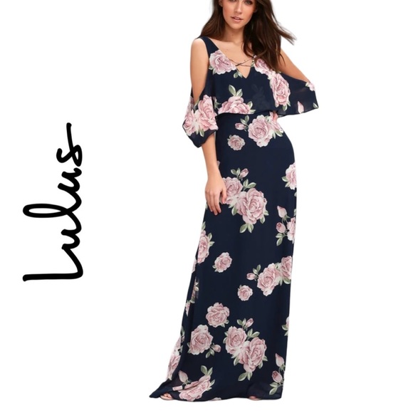 Lulus Dresses & Skirts - LULUS The Very Thought of You Navy Blue Floral Print Maxi Dress Gown Size M Rose